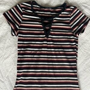 Striped T-shirt with crossed vneck detail